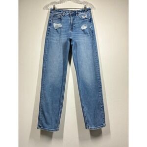 American Eagle Mom Straight Leg Jeans 4 Distressed High Rise Stretchy Denim